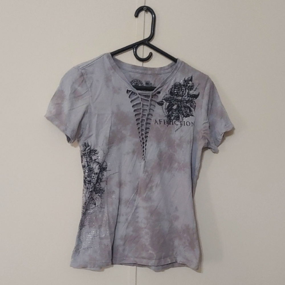 Y2K Affliction Women's Grey Tie Dye Shirt Tattoo Style Braided Neckline Size L